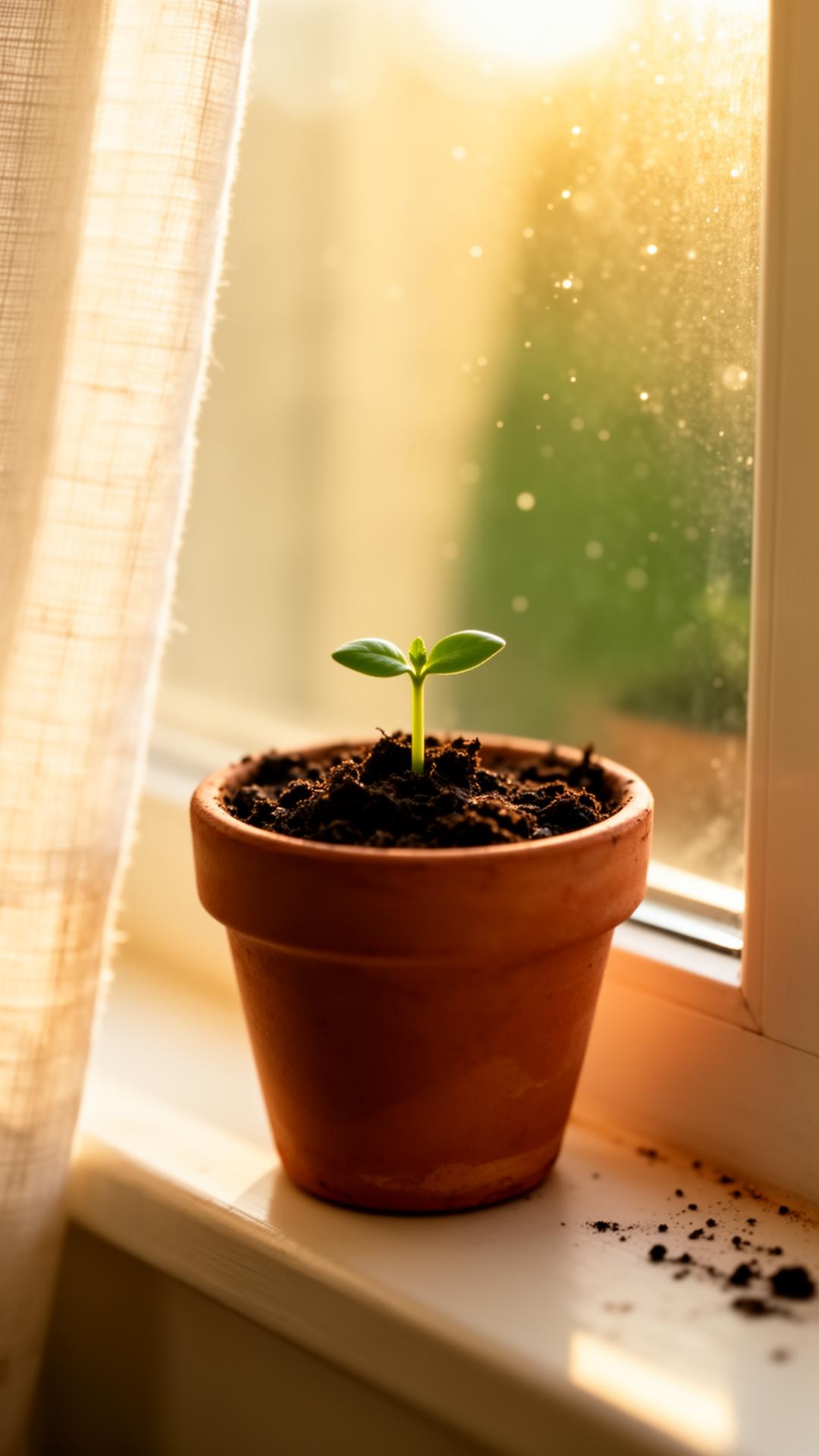 A young green sprout in a small terracotta pot on a sunlit windowsill